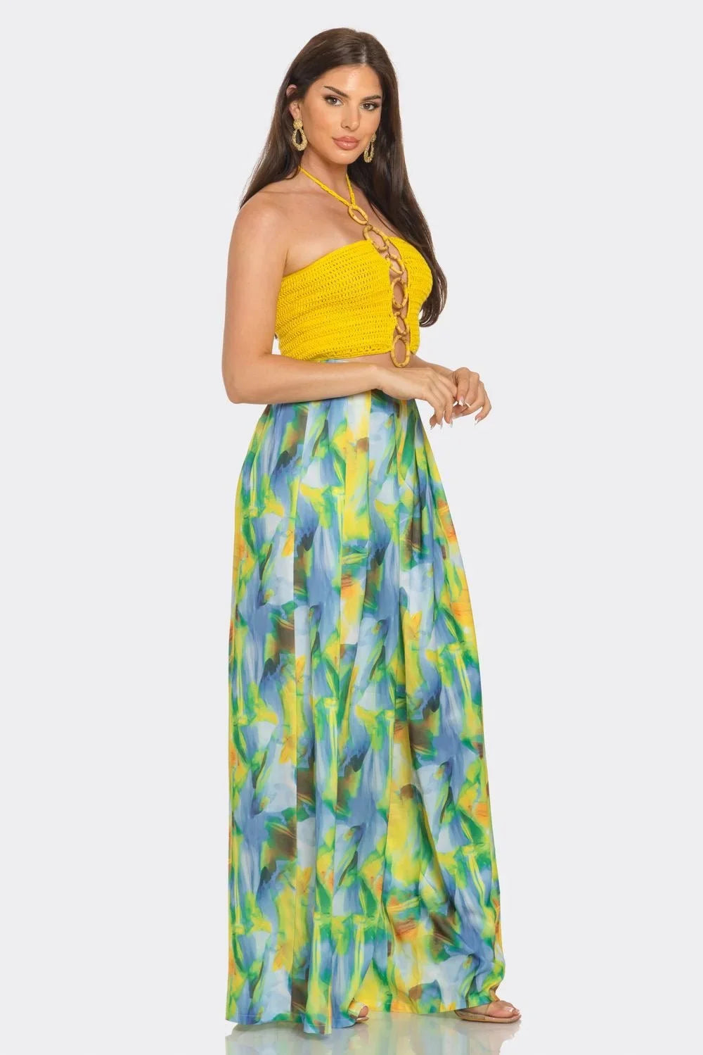 Sea Goddess 2PC Halter and Wide Leg Pant Set Yellow Multi