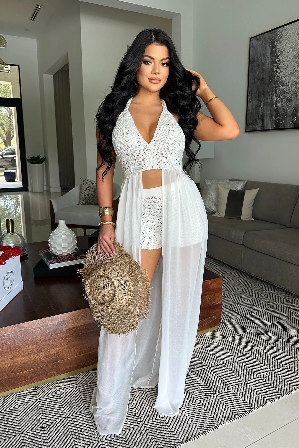 Seaside Blossom Crochet Chiffon Shorts Set – White