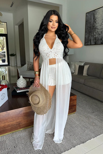 Seaside Blossom Crochet Chiffon Shorts Set – White