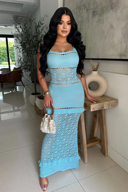 Seaside Serenity Crochet Maxi Dress - Baby Blue