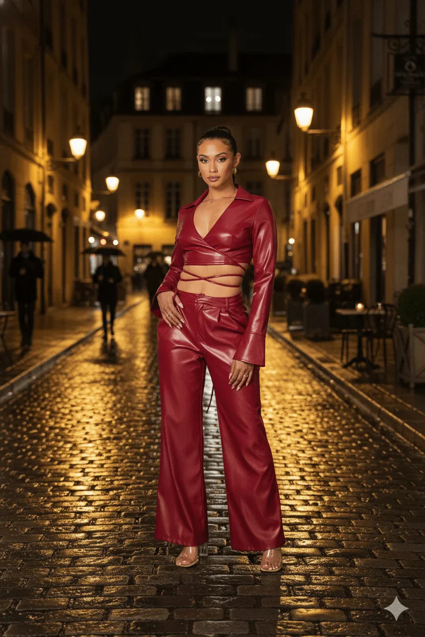 Sleek Edge Faux Leather Wrap Jacket Set - Burgundy