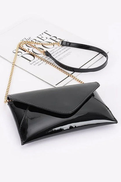 Sleek Enamel Envelope Clutch - Black