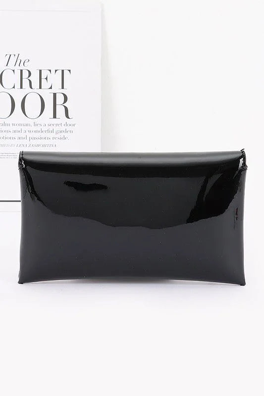 Sleek Enamel Envelope Clutch - Black