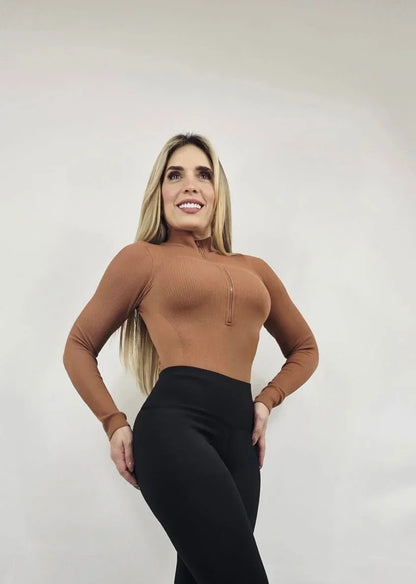 Sleek Ribbed High-Neck Bodysuit (Gingerbread)