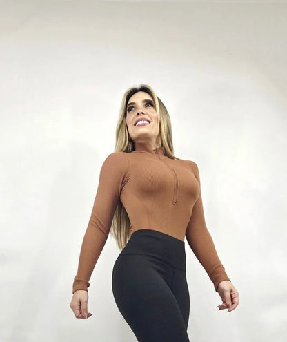 Sleek Ribbed High-Neck Bodysuit (Gingerbread)