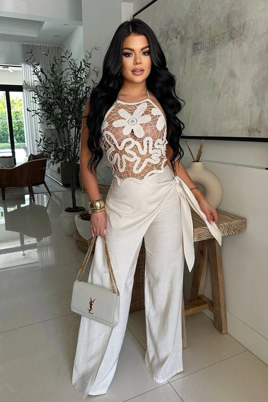 Soléa Bloom Floral Crochet Pant Set – Nude