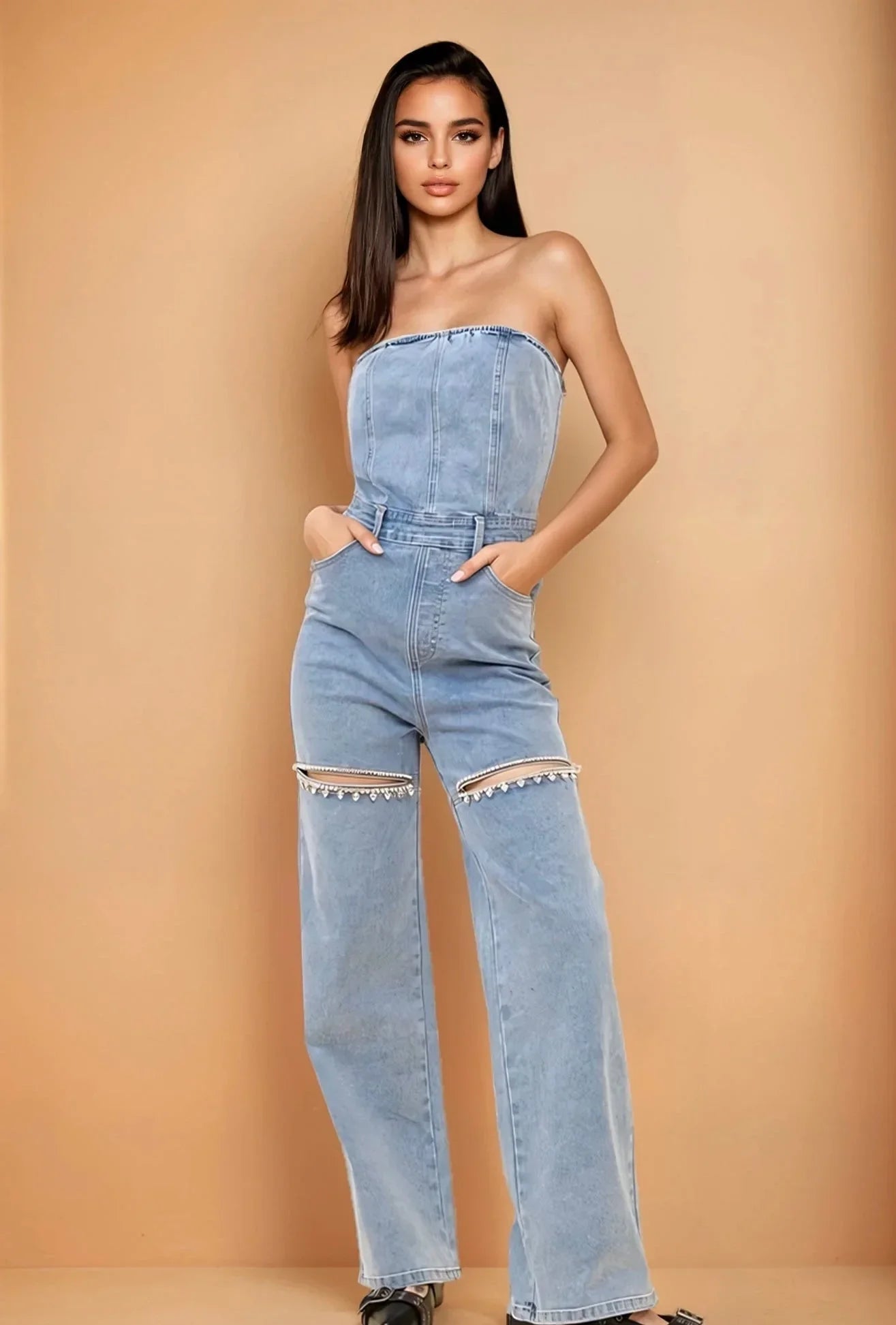 Sparkle Trim Strapless Denim Jumpsuit - Light Wash