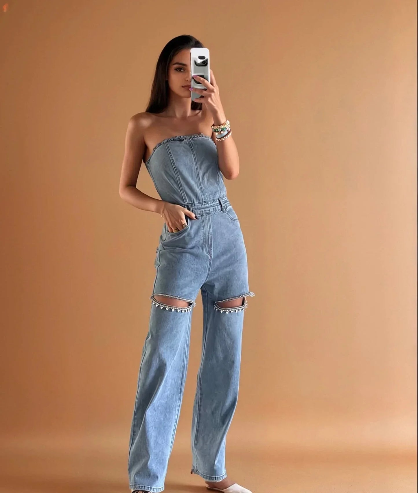 Sparkle Trim Strapless Denim Jumpsuit - Light Wash