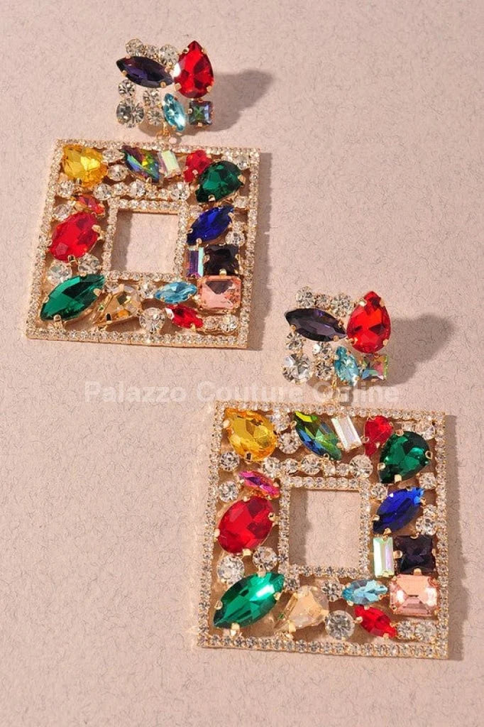 Square Dangle Earrings with Multi Stone Crystal Embellishments