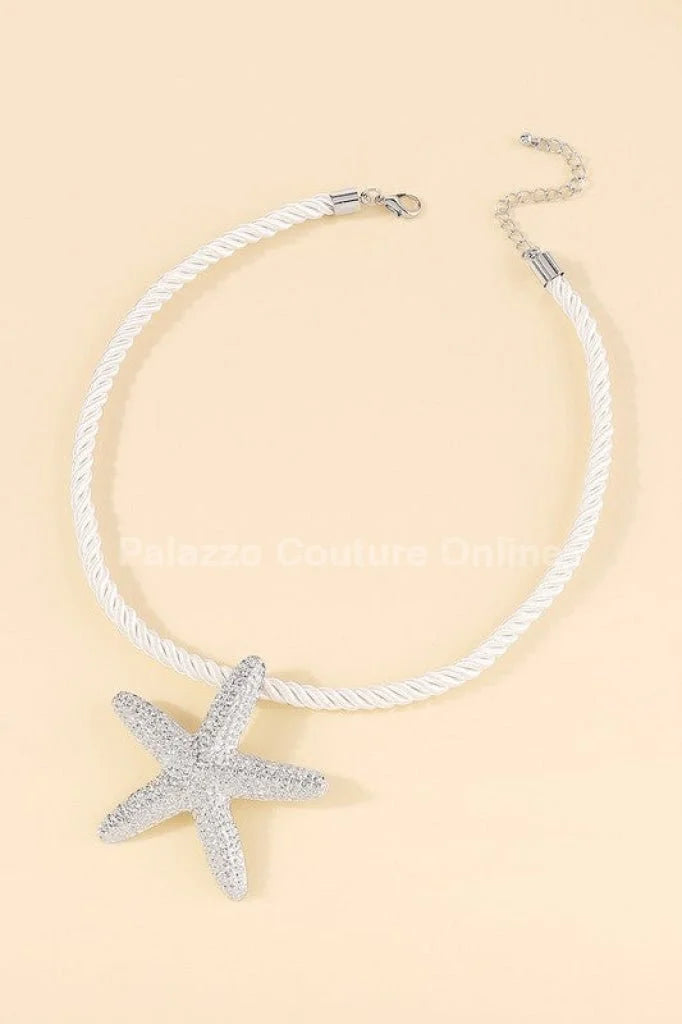 Statement Metal Starfish Rope Chain Necklace (Silver)