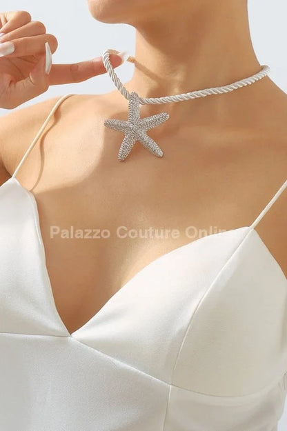 Statement Metal Starfish Rope Chain Necklace (Silver)
