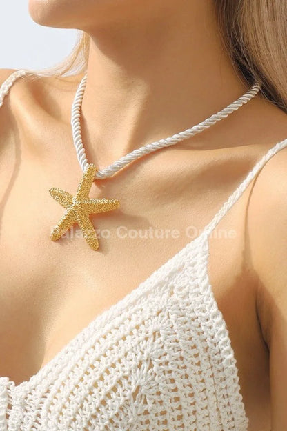 Statement Metal Starfish Rope Chain Necklace (Gold)