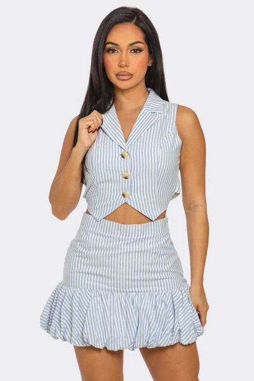 Striped Chic Vest Skirt Set
(Blue)