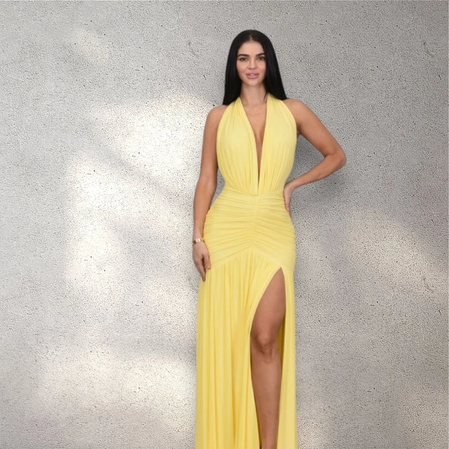 Sultry Plunge Halter Maxi Dress - Lemon Yellow