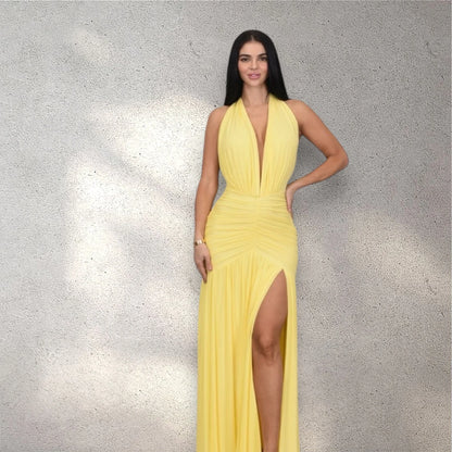 Sultry Plunge Halter Maxi Dress - Lemon Yellow