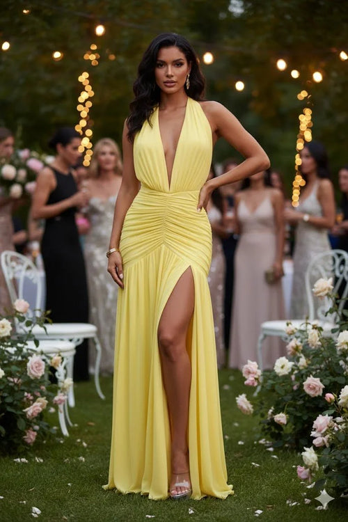 Sultry Plunge Halter Maxi Dress - Lemon Yellow