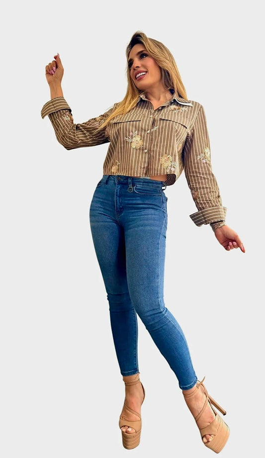 Sun Bloom Striped Cropped Blouse