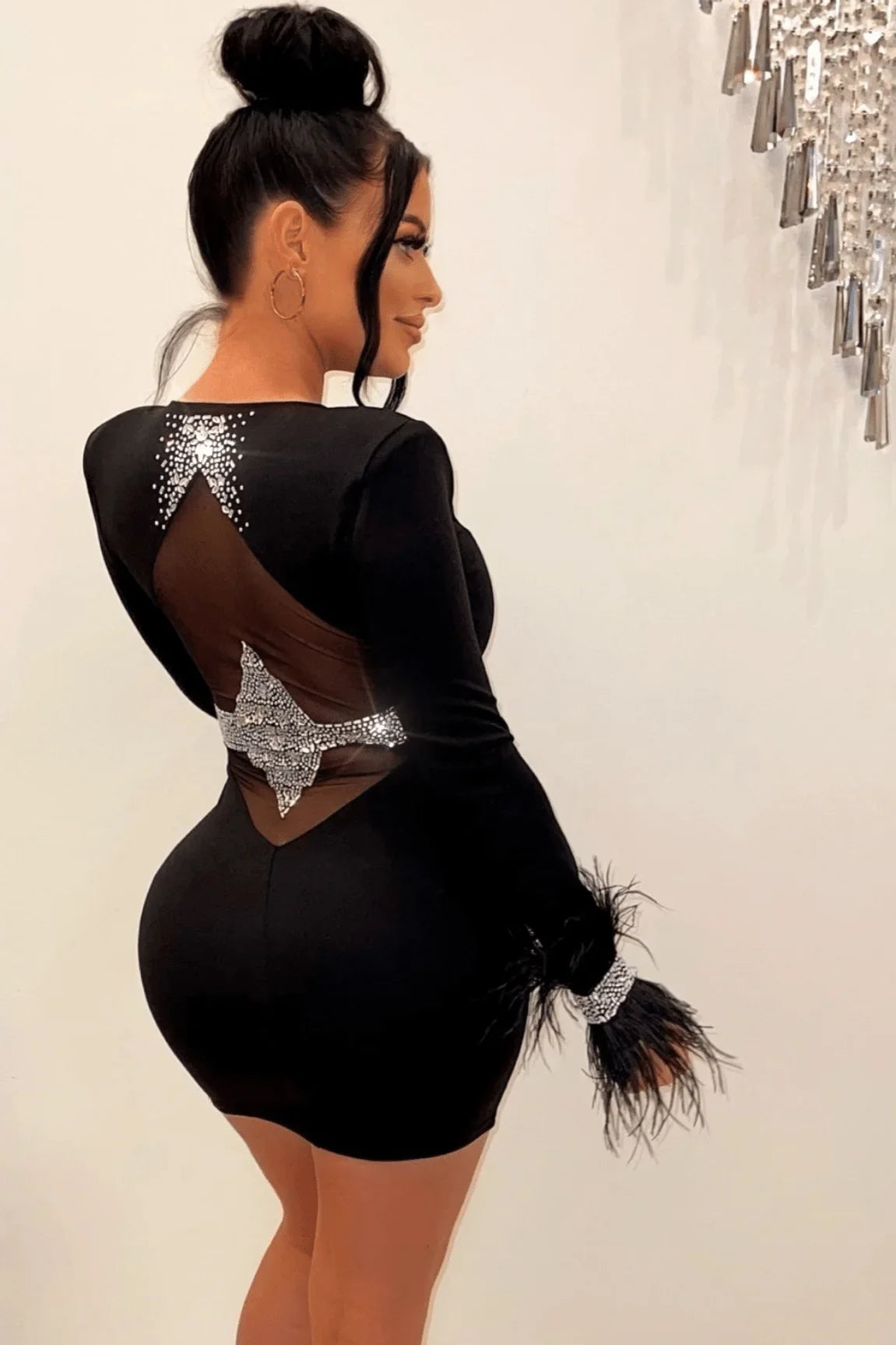 Tessai Crystal Black Feather and Rhinestone Dress - Black