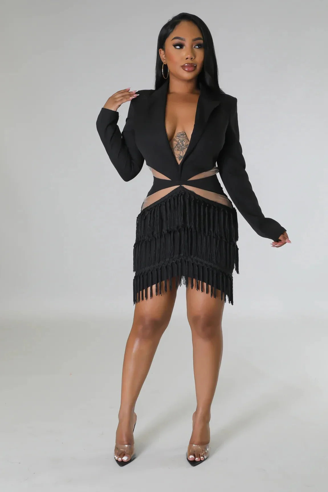 Tialeigh Black Fringe Dress with Sheer Cutout Details