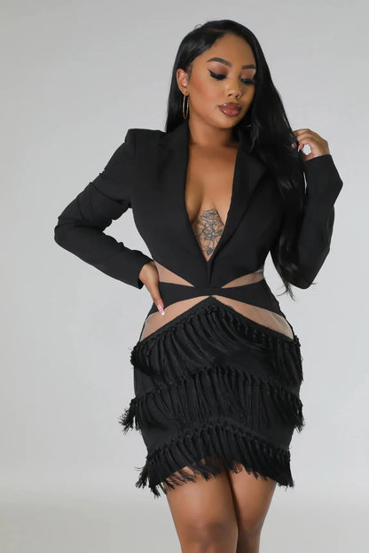 Tialeigh Black Fringe Dress with Sheer Cutout Details