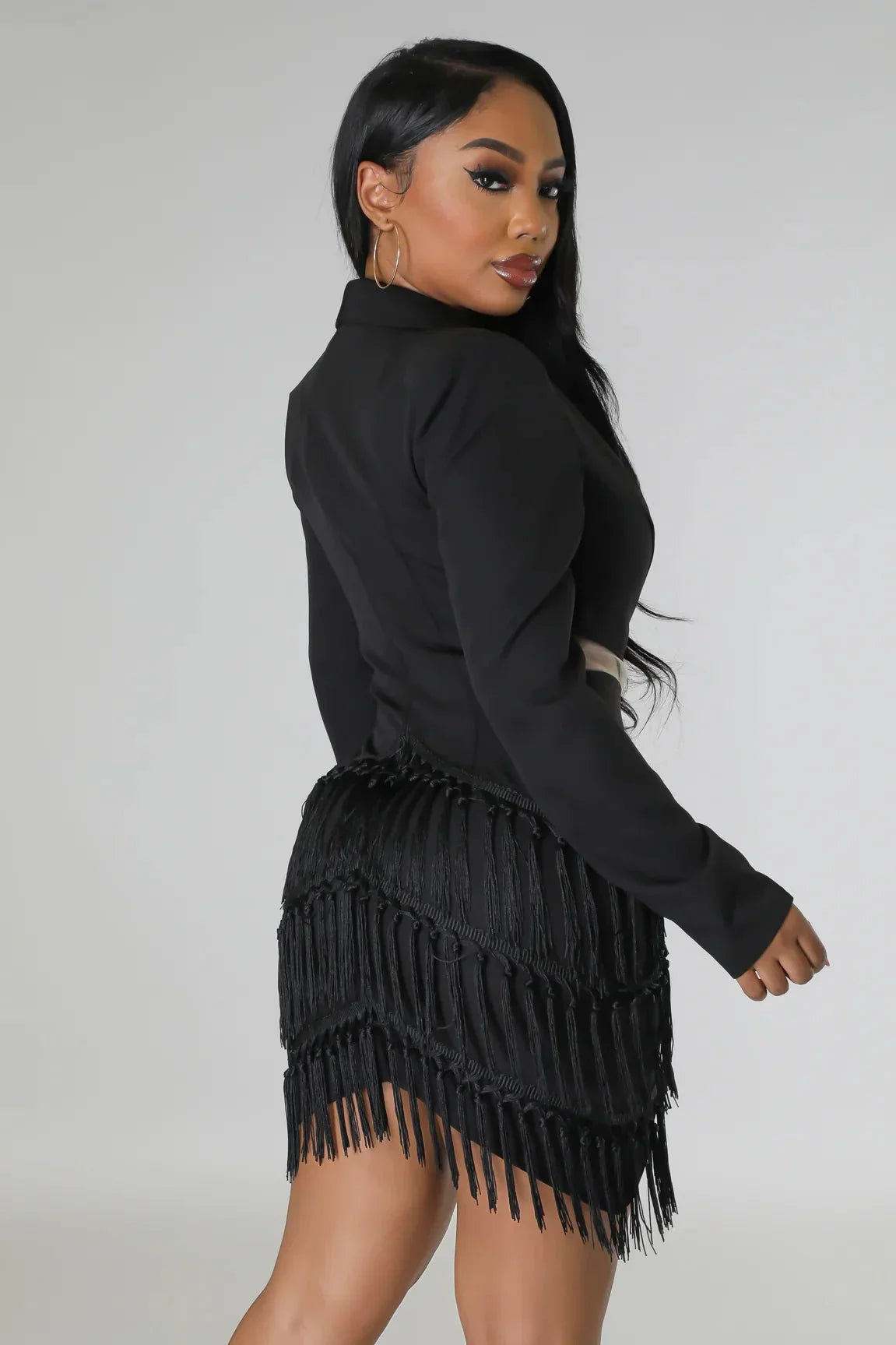Tialeigh Black Fringe Dress with Sheer Cutout Details