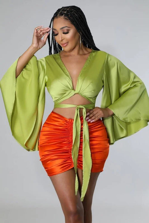Tie Front Satin  Blouse (Kiwi)