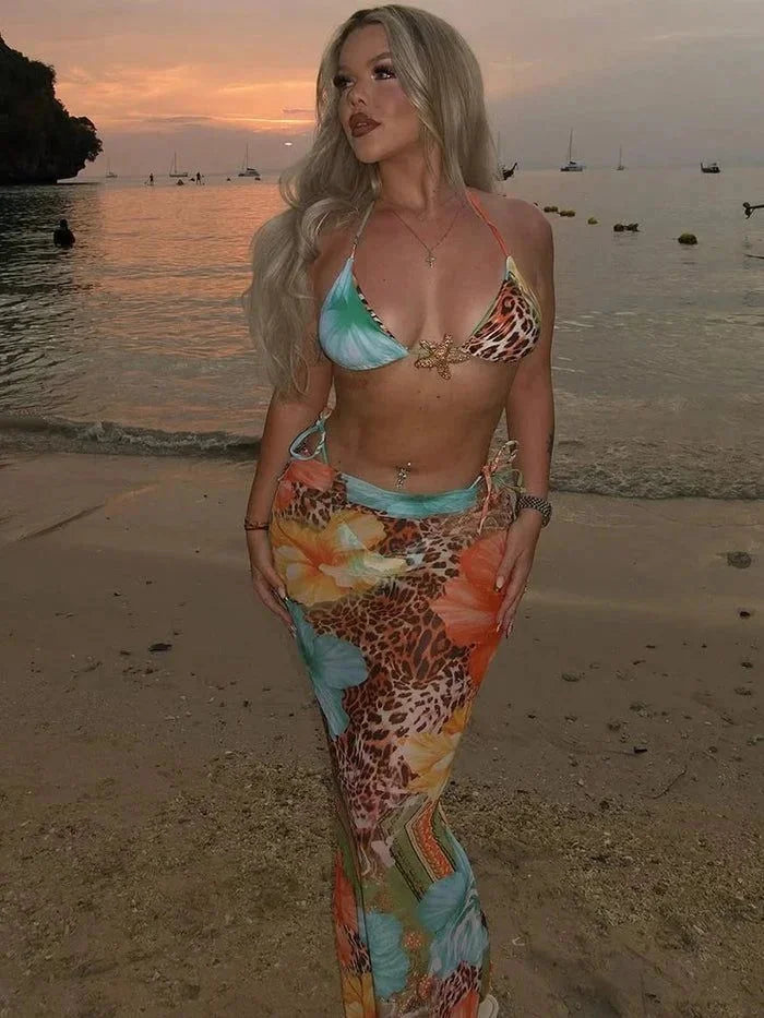 Tropic Wild 3-Piece Bikini & Skirt Set - Blue Multi Print