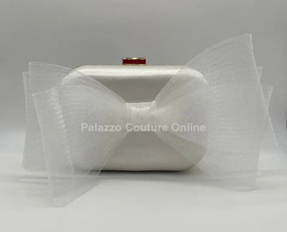 Tull Bow White Satin Clutch Purse