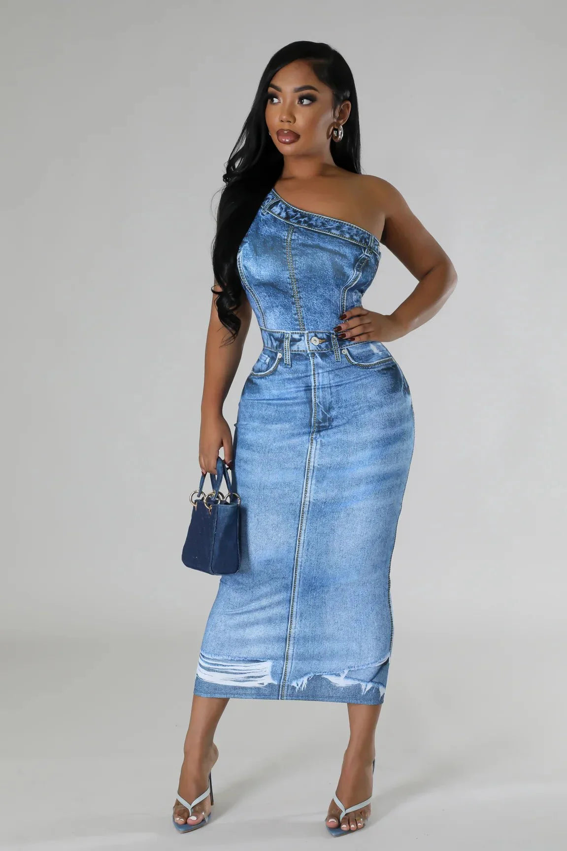 Urban Edge One-Shoulder Denim Midi Dress (Light Blue)