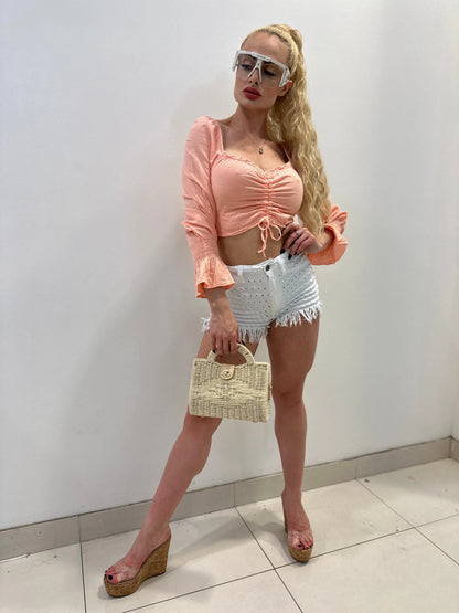 Vacation Mode Peach Crop Top with Ruched Front Detail