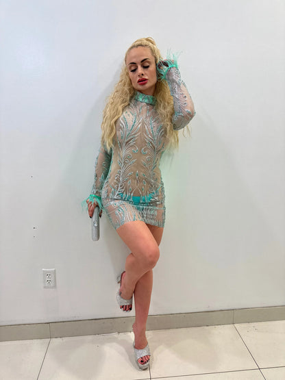 Viche Glam Teal Mini Dress with Shimmer Mesh Detail