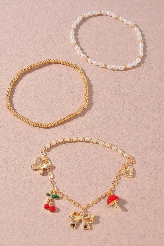 Whimsical Charm 3 piece Bracelet Set Gold Red