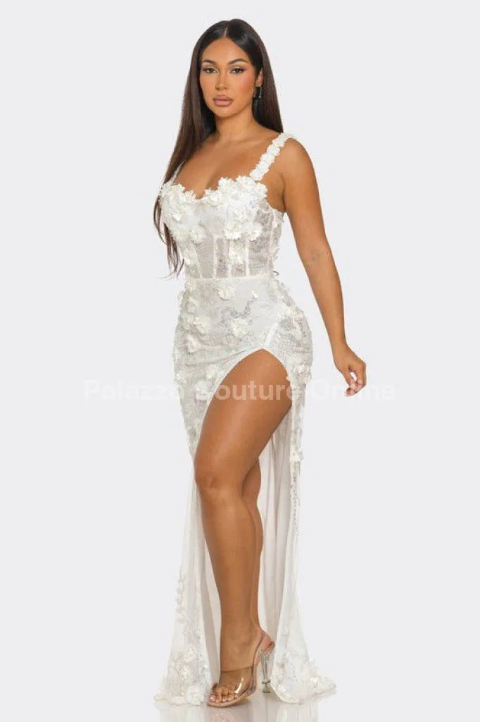White Floral Sequin Gown – Enchanted Blossom Maxi