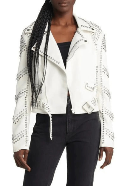 White Moto Jacket – Studded Faux Leather Moto Style