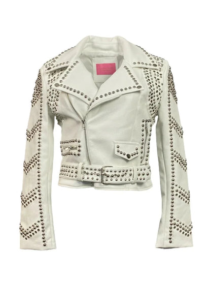 White Moto Jacket – Studded Faux Leather Moto Style