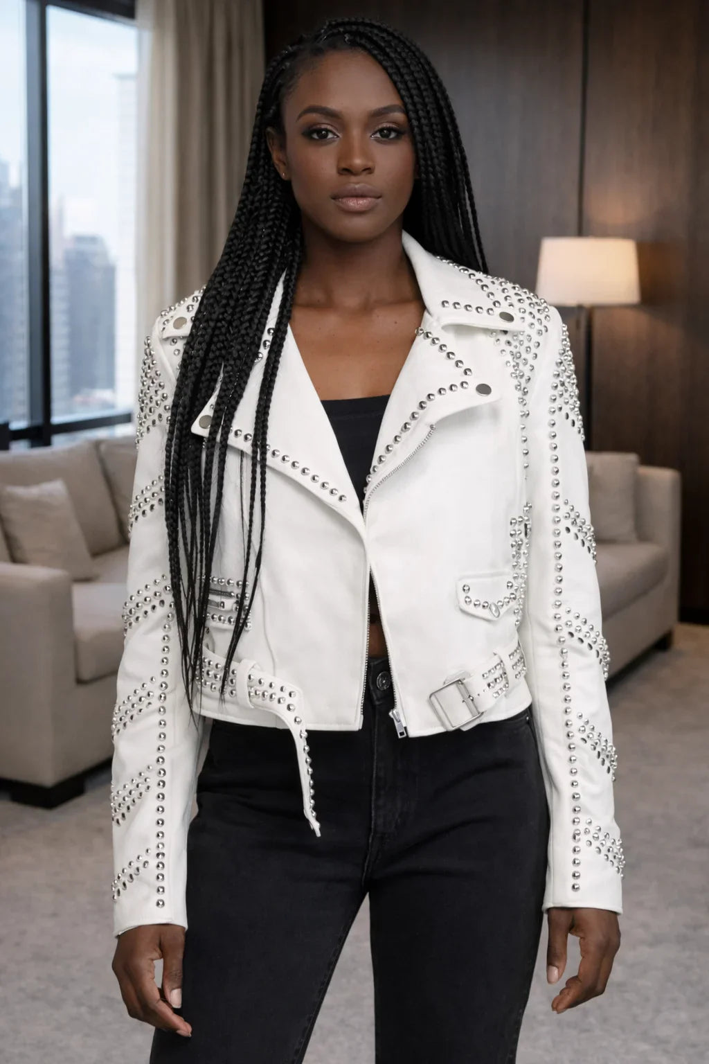 White Moto Jacket – Studded Faux Leather Moto Style