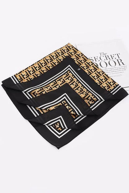 Luxe Monogram Bandana – Black Silk Feel Geometric Scarf