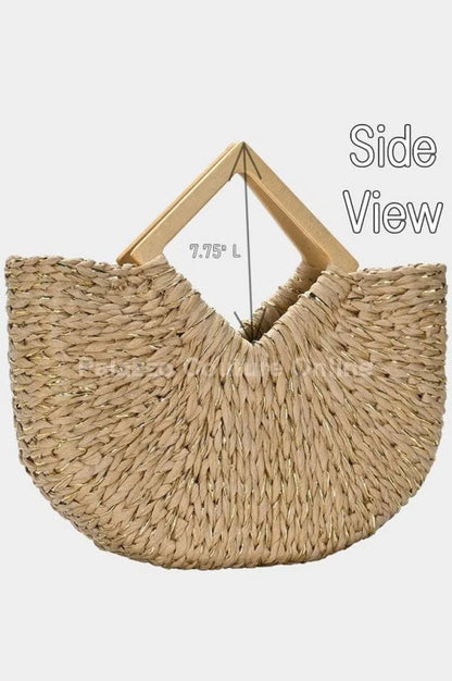 Wood Handle Straw Tote Bag with Woven Natural Texture
